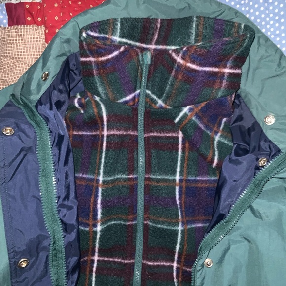 vintage 90s atmosphere fleece shell jacket pair M/L plaid green purple navy grid - Picture 5 of 10